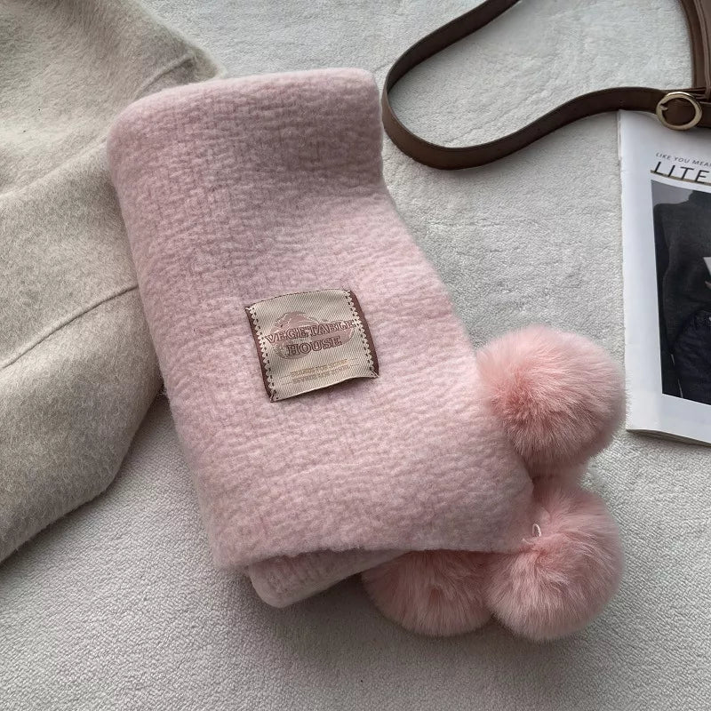Unisex Pom-Pom Tassel Warm Scarf — dusty pink scarf folded to show rounded pom-pom trim