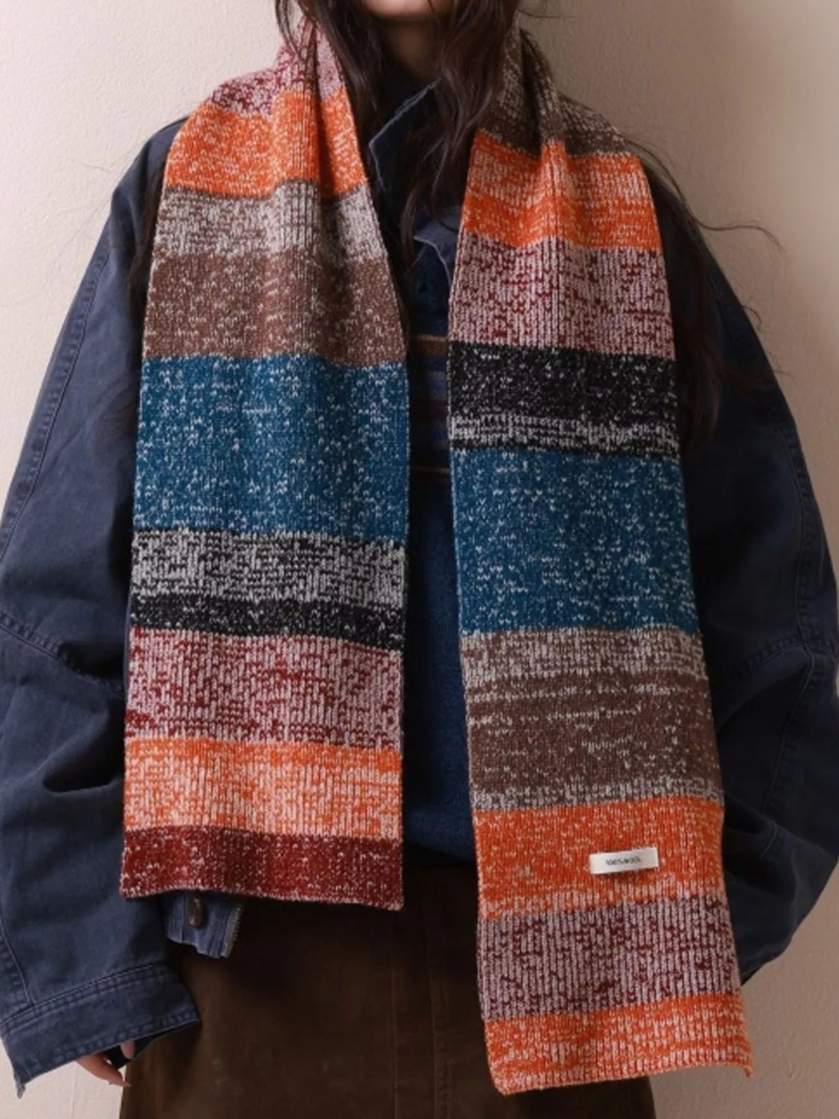 Unisex 100% Wool Color Block Knitted Scarf — open drape showing broad blue and orange sections
