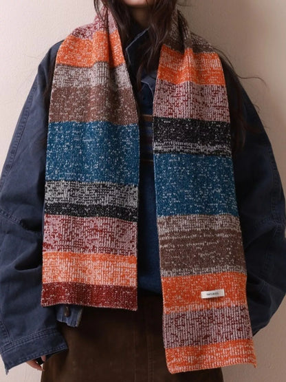 Unisex 100% Wool Color Block Knitted Scarf — open drape showing broad blue and orange sections