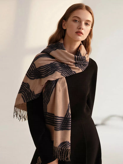 Unisex Geometric Patterned Fringe Scarf — khaki patterned scarf wrapped across the shoulders