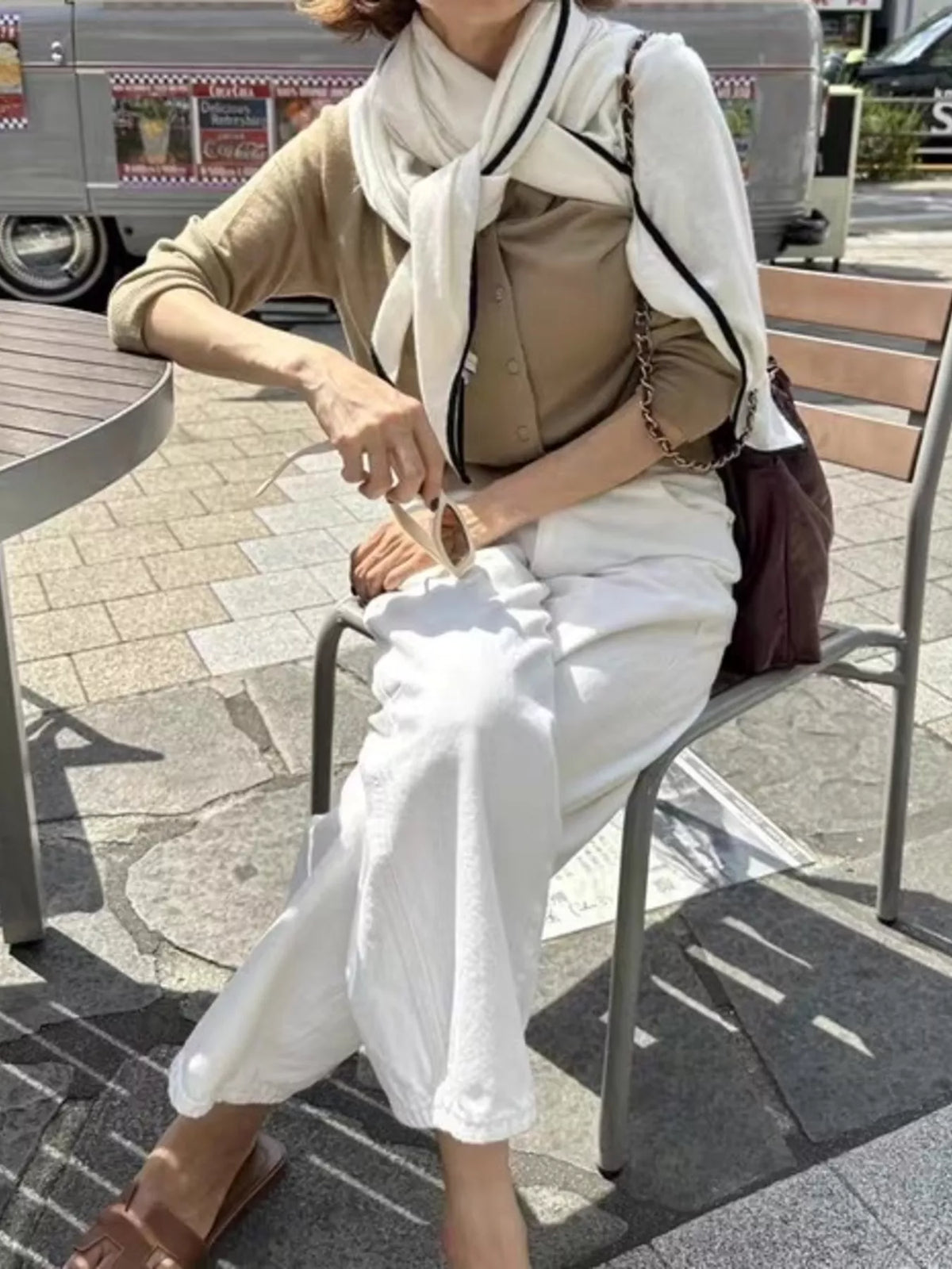 Unisex 100% Wool Contrast Trim Scarf — pale pointed scarf styled over a taupe sweater outdoors