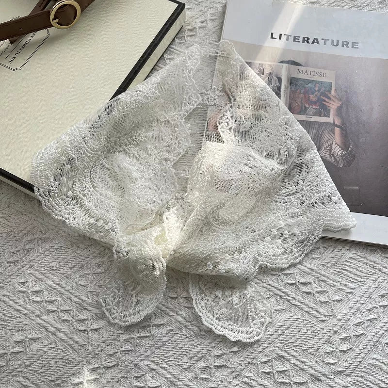 Women's Cotton Lace Neck Scarf — pale floral lace scarf arranged in a small knot