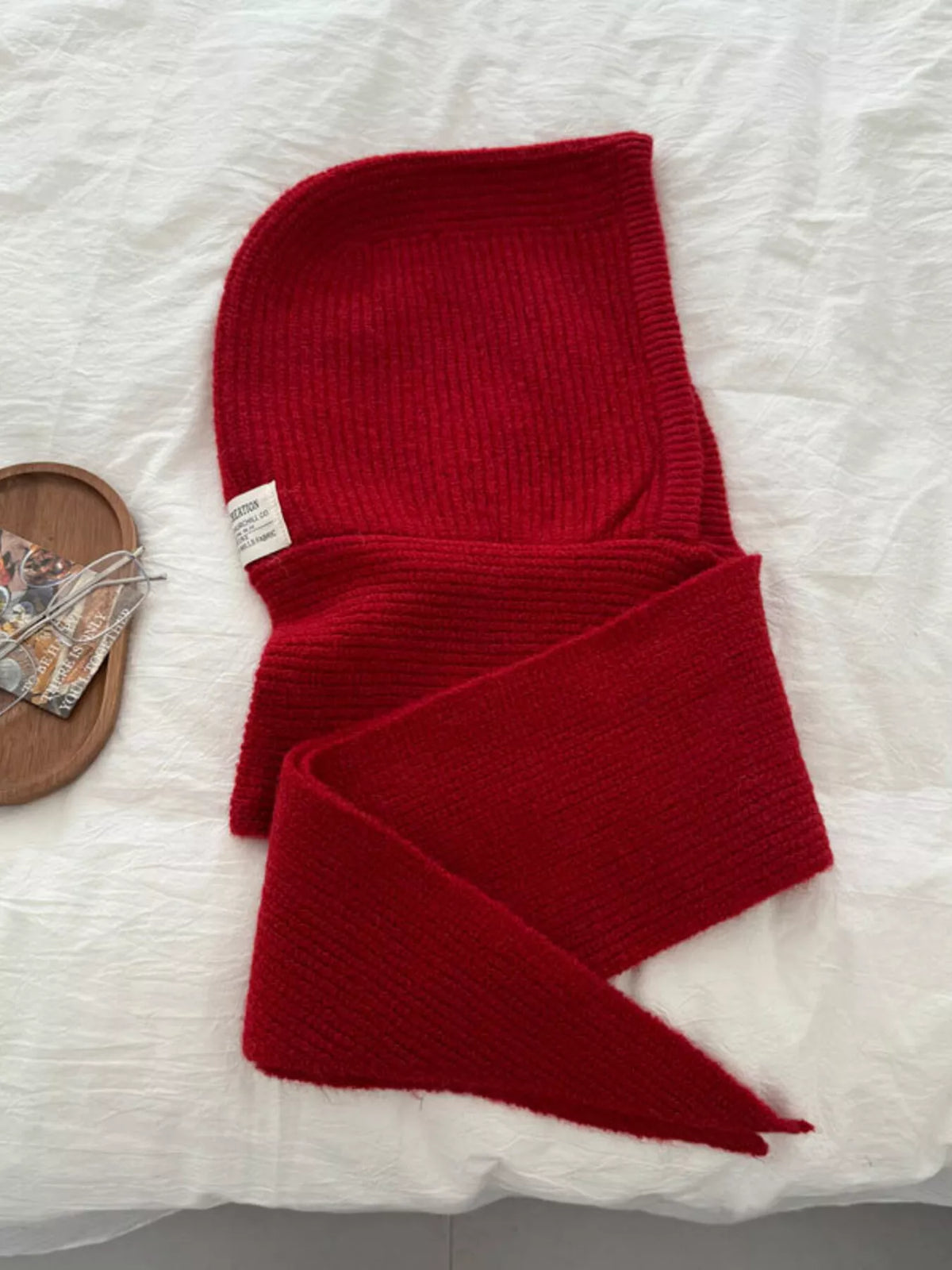 Unisex Hooded Knit Neck Scarf — red hood scarf displayed flat with its front sections