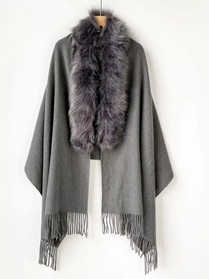 Women's Faux Fur Trim Scarf Wrap — gray wrap with darker plush trim around the front