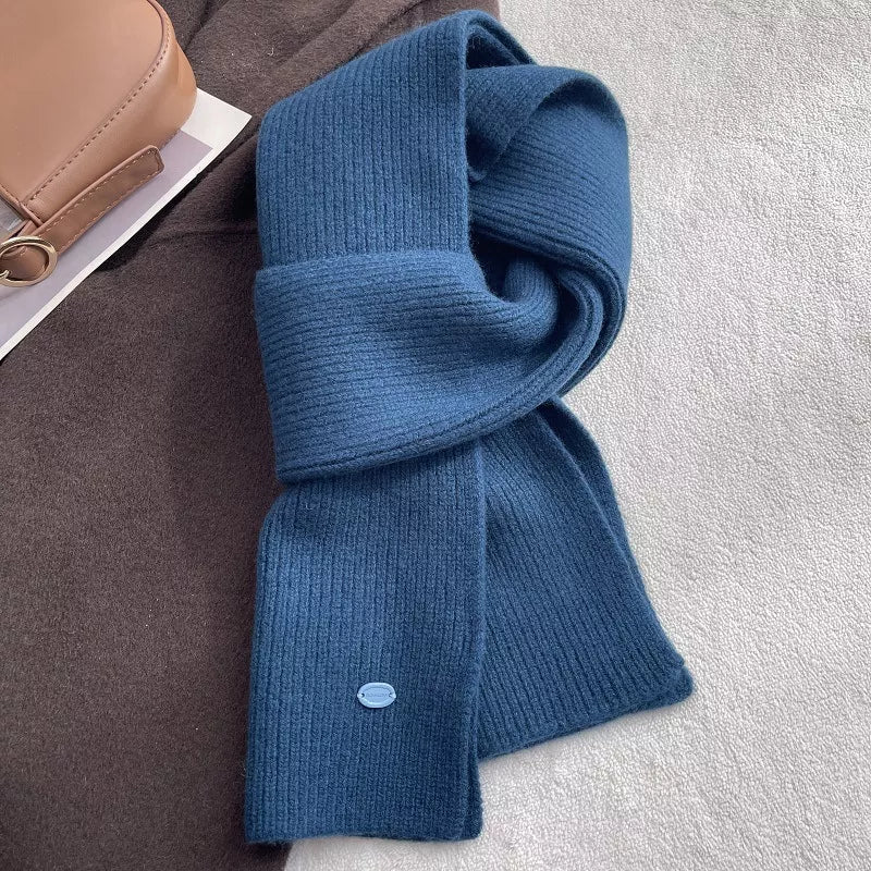 Unisex Pure Wool Warm Knit Scarf — navy blue plain knit scarf loosely looped