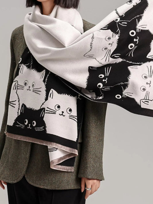 Women's Cute Cat Pattern Knitted Scarf in Green - styled detail 2