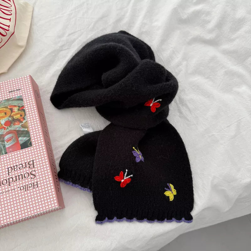 Unisex Butterfly Embroidered Scarf — black scarf with small colorful butterfly details