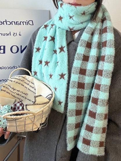 Unisex Star and Check Knit Scarf — star and check scarf worn open over a pale top