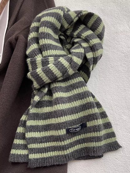 Unisex 100% Wool Striped Knitted Winter Scarf — green and dark gray striped scarf looped flat