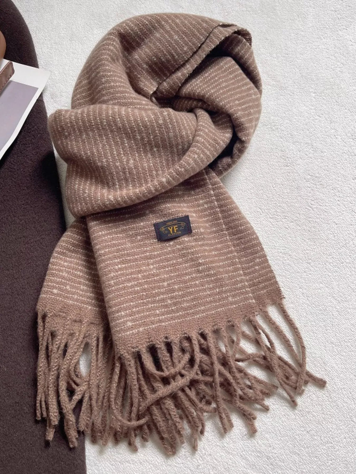 Unisex Warm Striped Tassel Scarf — khaki striped scarf with a classic fringed finish