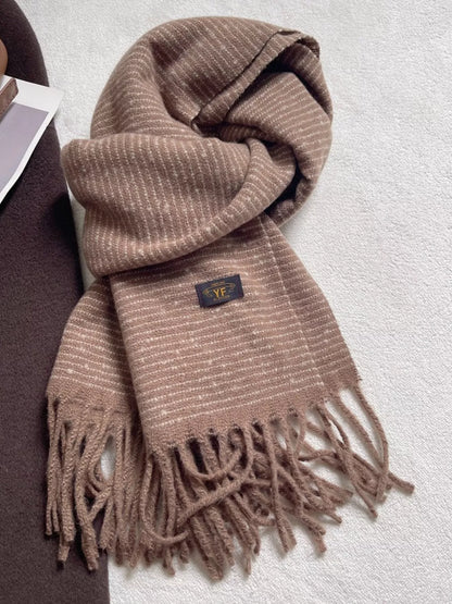 Unisex Warm Striped Tassel Scarf — khaki striped scarf with a classic fringed finish