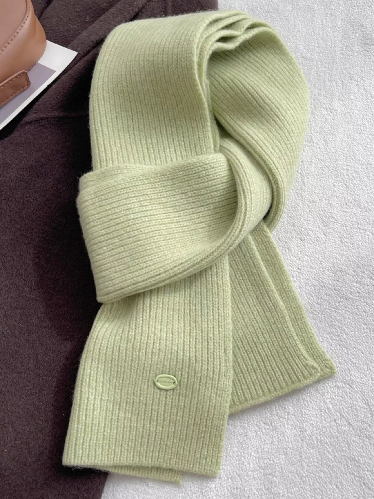 Unisex Pure Wool Soft Knit Scarf — light green pure wool scarf tied with ribbed ends down