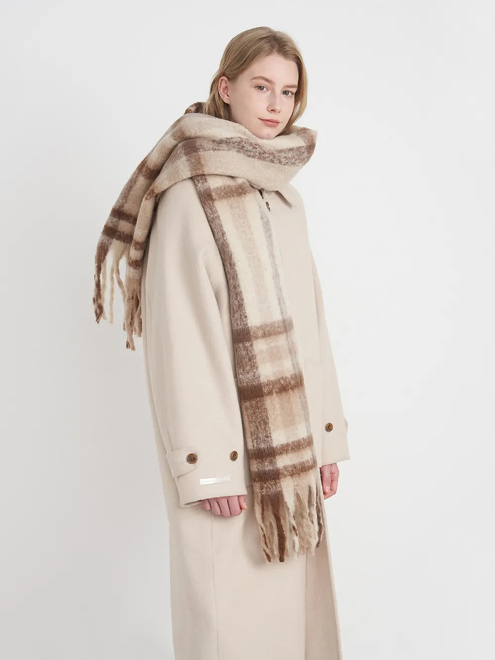 Oversized plaid fringe scarf - product photo 11