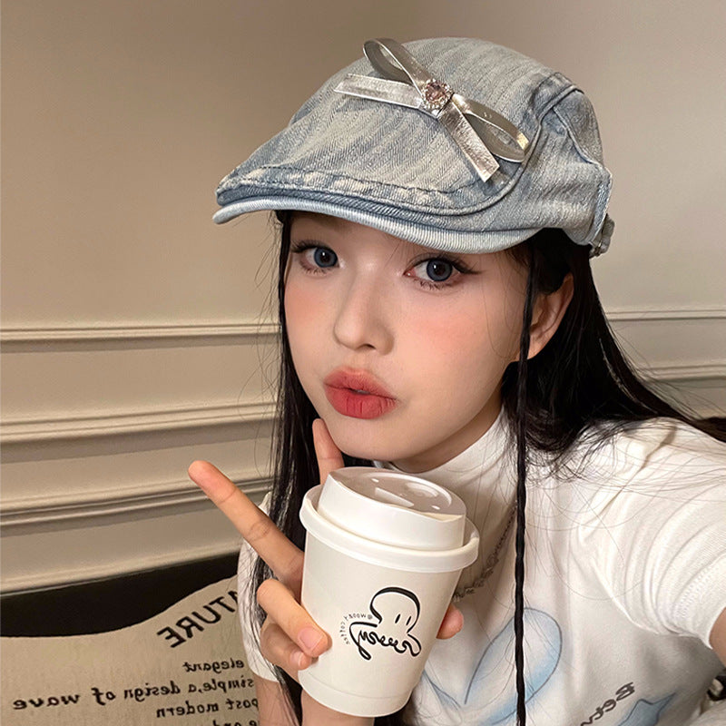 Womens vintage denim newsboy cap with bow - product photo 5