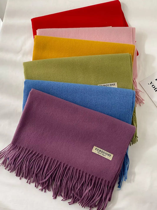 Unisex Fringe Solid Color Scarf in Blush Pink - styled detail 2