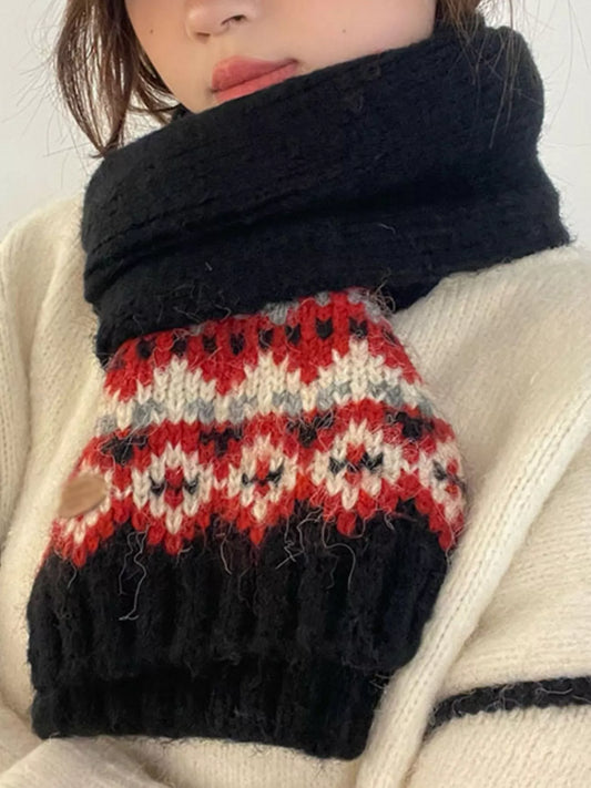 Unisex Nordic Motif Knit Scarf — closer neckline view of a dark patterned winter scarf