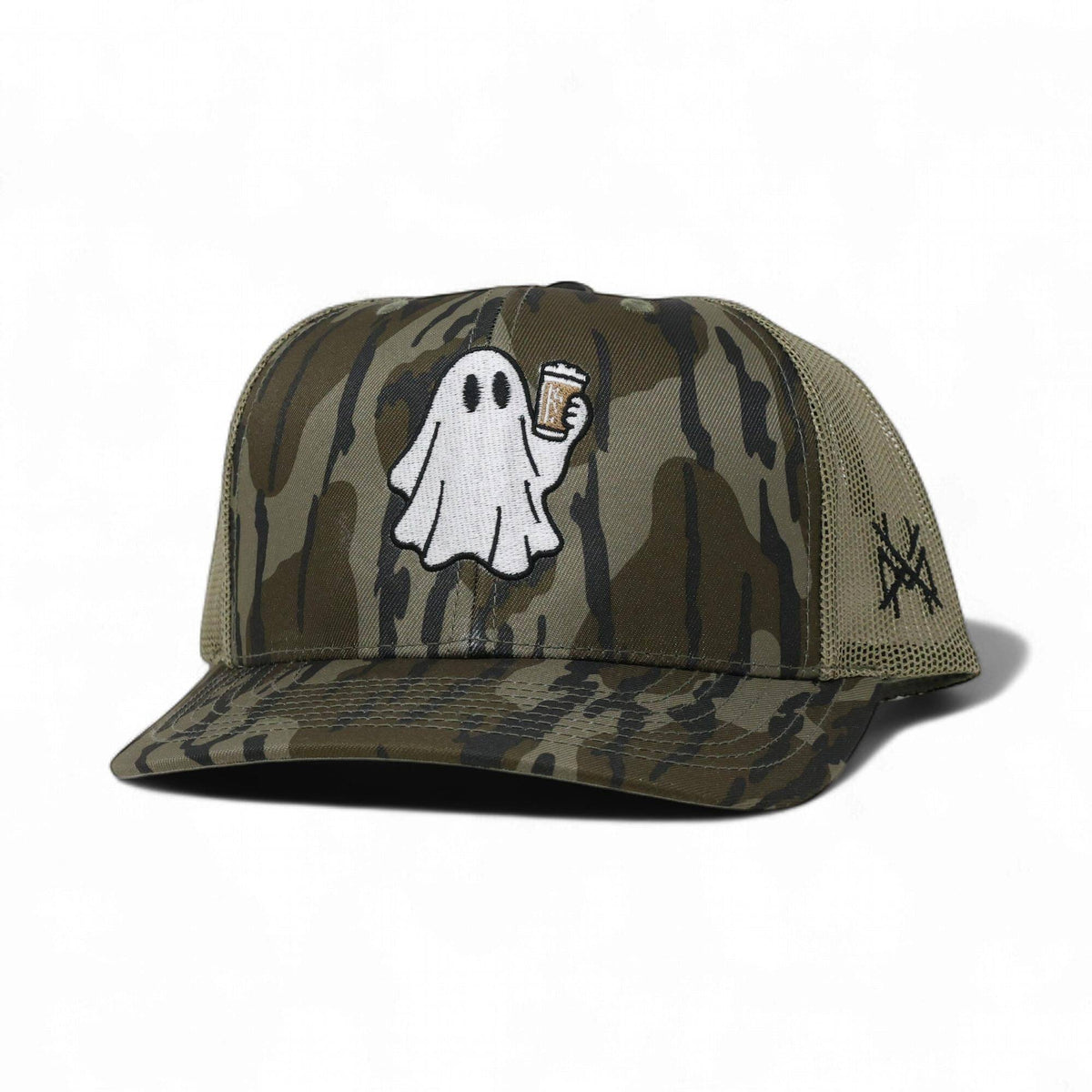 The Mad Hatter Company Boozy Trucker Hat, full camouflage cap with white ghost artwork