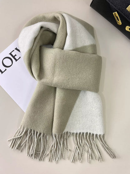 Unisex Fringe Color Block Scarf — matcha green and pale scarf with fine fringe