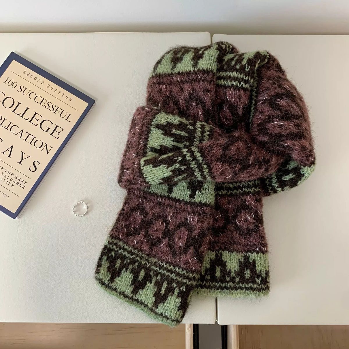 Unisex Vintage Knitted Pattern Warm Scarf — green and brown vintage motif scarf tied flat
