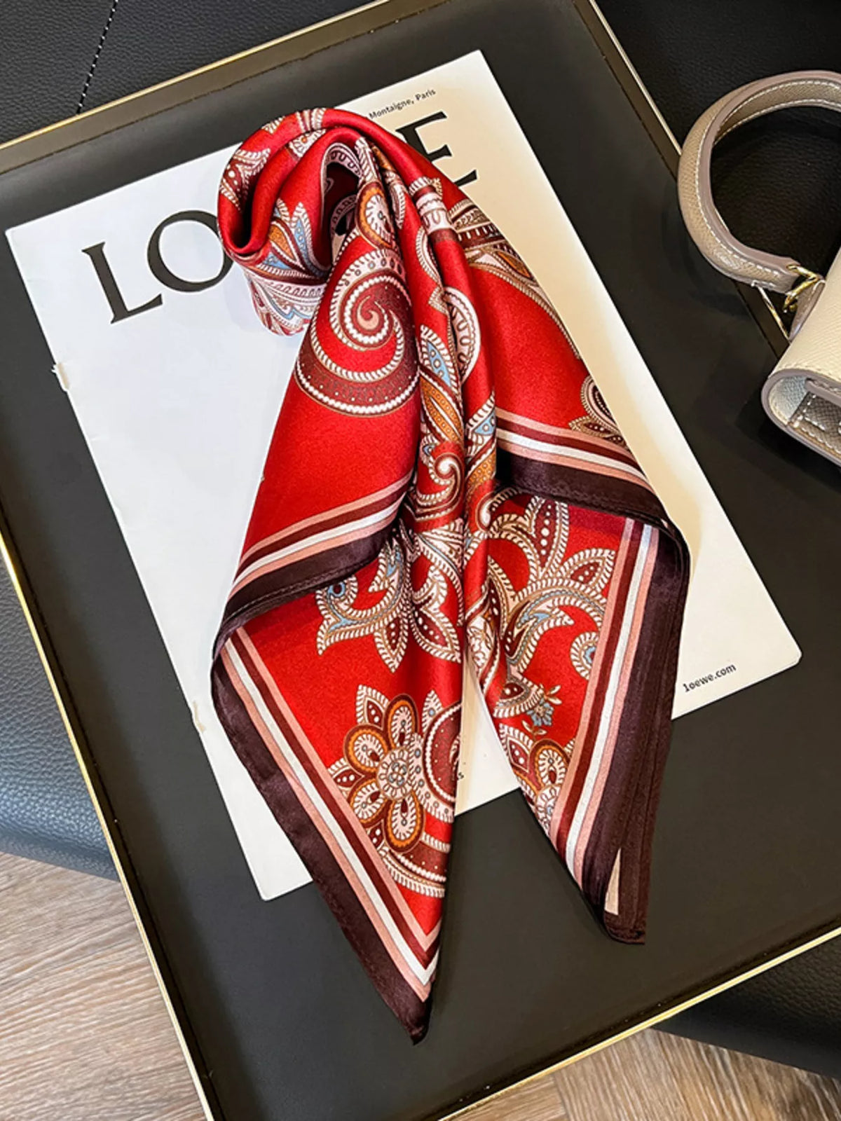 Unisex Vintage Paisley Silk Scarf — red paisley scarf tied to show long pointed tips