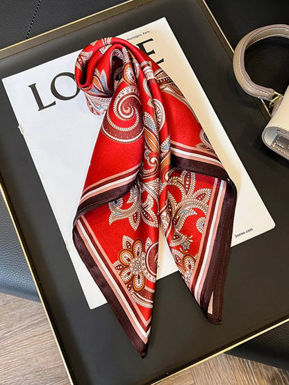 Unisex Vintage Paisley Silk Scarf — red paisley scarf tied to show long pointed tips