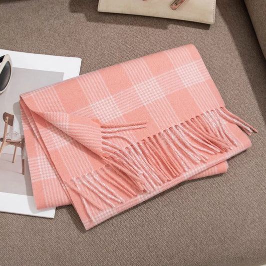 Unisex Soft-Touch Plaid Fringe Scarf in Blush Pink - styled detail 2