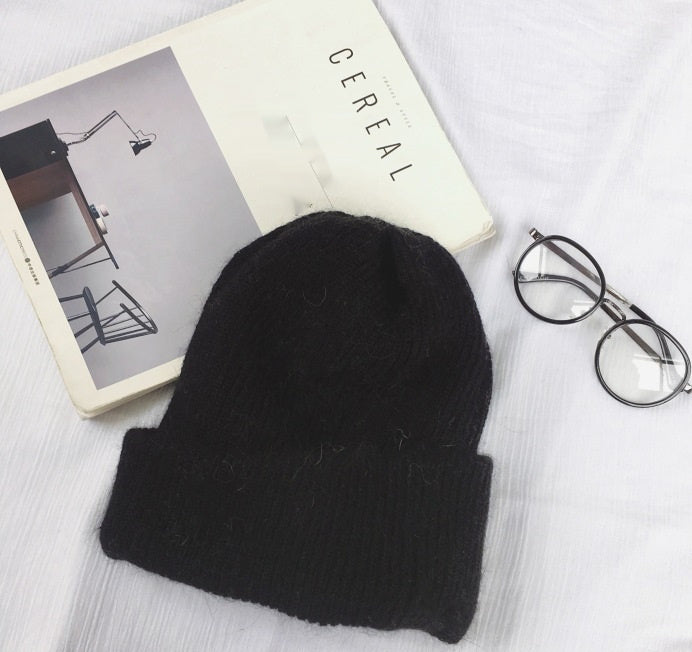 Unisex Black Rabbit Wool Ribbed Winter Beanies casual styling view