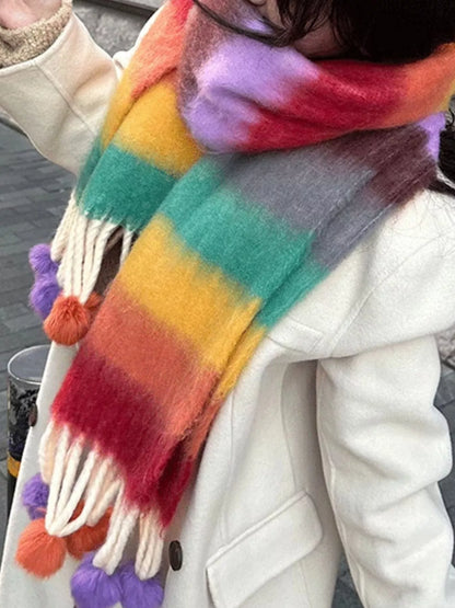 Women's Rainbow Striped Fuzzy Scarf with Pom-Poms in Style A - front view 1