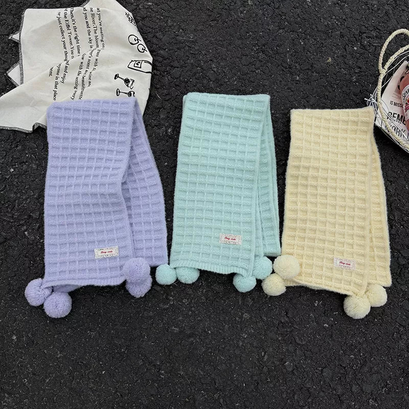 Unisex Waffle Knit Pom-Pom Scarf — lavender mint and yellow waffle scarves laid side by side