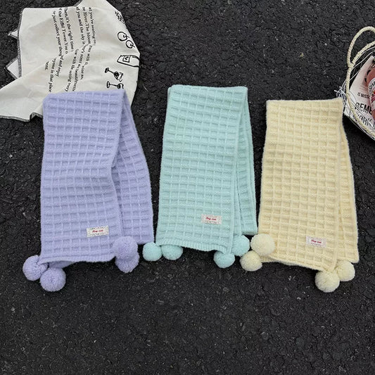 Unisex Waffle Knit Pom-Pom Scarf — lavender mint and yellow waffle scarves laid side by side