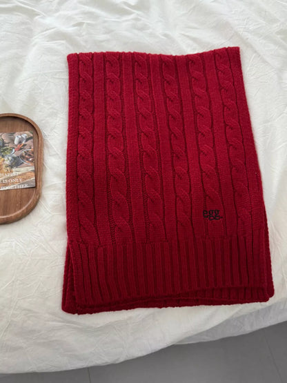 Unisex Cable Rib Winter Scarf — red textured scarf folded flat