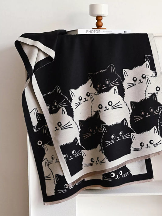 Women's Cute Cat Pattern Knitted Scarf in Black - front view 1