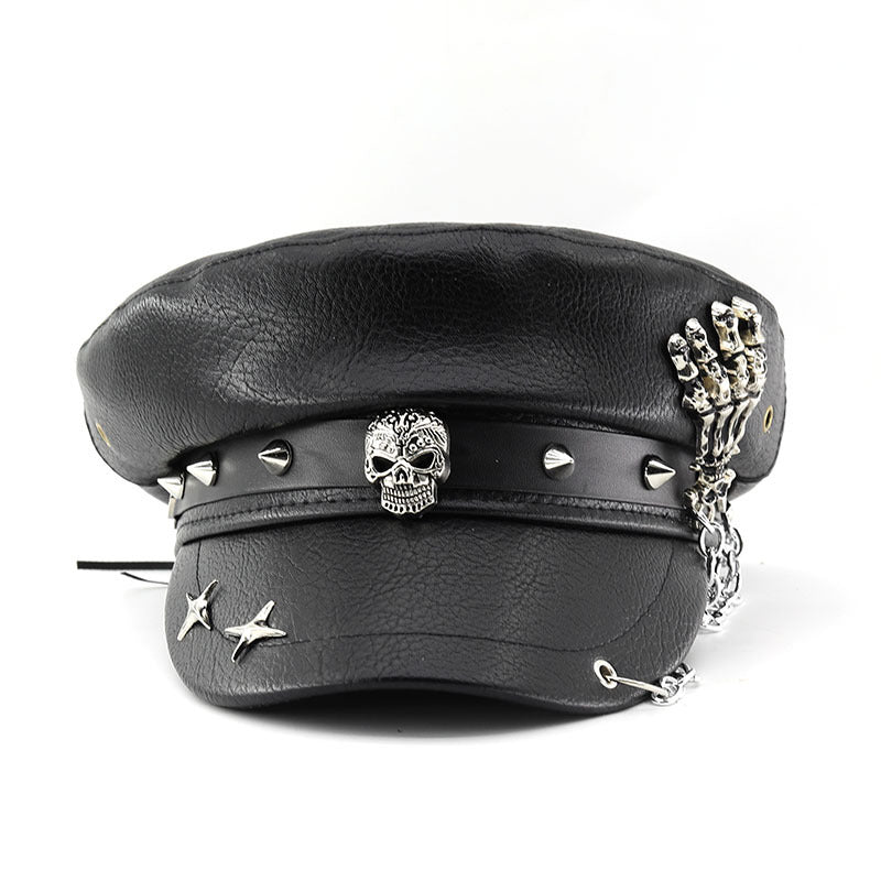 Unisex Black PU Leather Skull Punk Peaked Cap - Leopard Pattern side angle