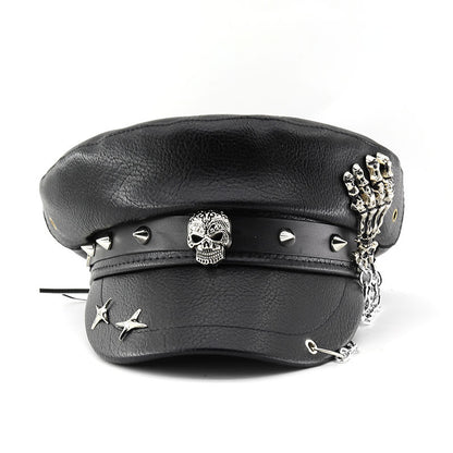 Unisex Black PU Leather Skull Punk Peaked Cap - Leopard Pattern side angle