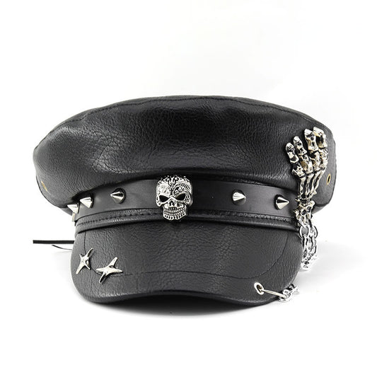 Unisex Black PU Leather Skull Punk Peaked Cap - Leopard Pattern side angle