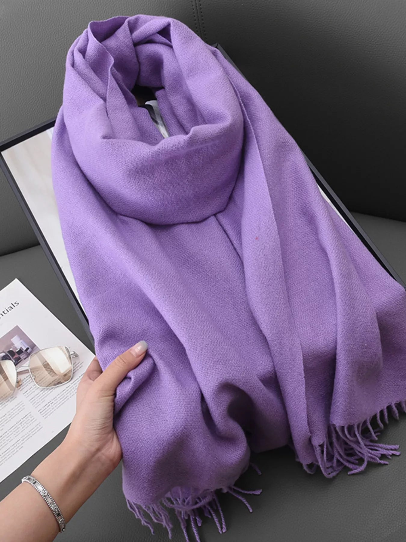 Unisex Heritage Solid Color Fringe Scarf in Sage - styled detail 14
