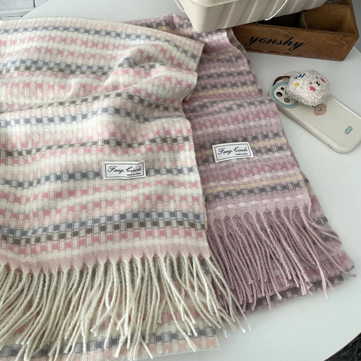 Unisex Soft Patterned Fringe Scarf — pink and beige motif bands shown together
