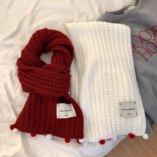 Unisex Handmade Knitted Pom-Pom Scarf in Red - front view 1