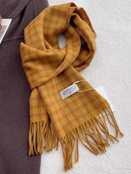 Unisex Fine Plaid Wool Fringe Scarf — yellow checked scarf loosely tied