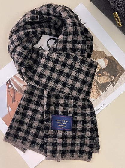 Unisex 100% Wool Plaid Scarf — dark gray checked scarf arranged on printed pages