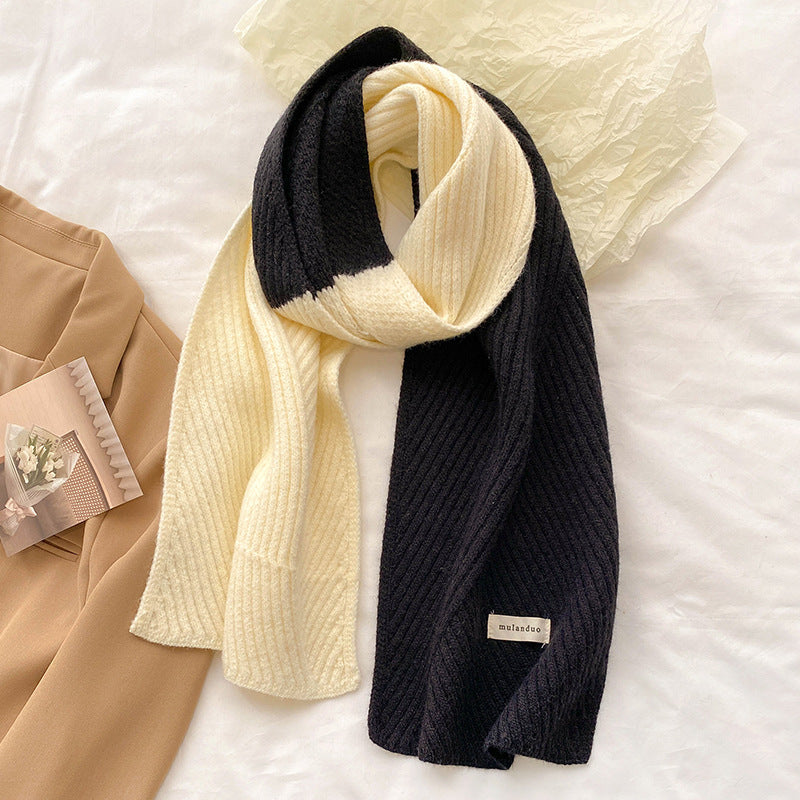 Unisex Two-Tone Ribbed Knit Winter Scarf — black and cream ribbed scarf tied loosely