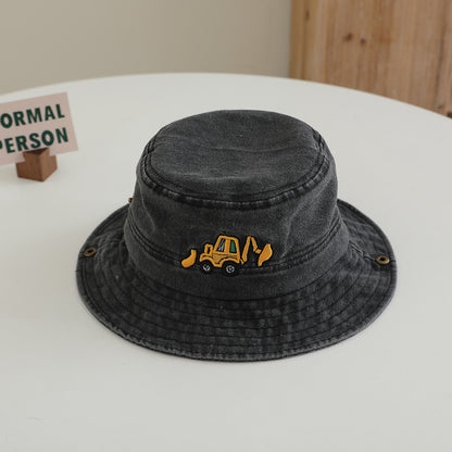 Kids White Excavator Embroidered Washed Bucket hat back fit detail