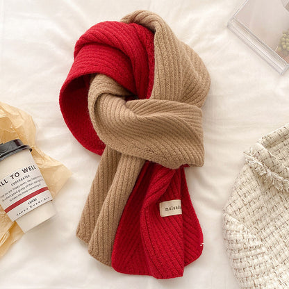 Unisex Two-Tone Ribbed Knit Winter Scarf — red and beige scarf tied with both color panels visible