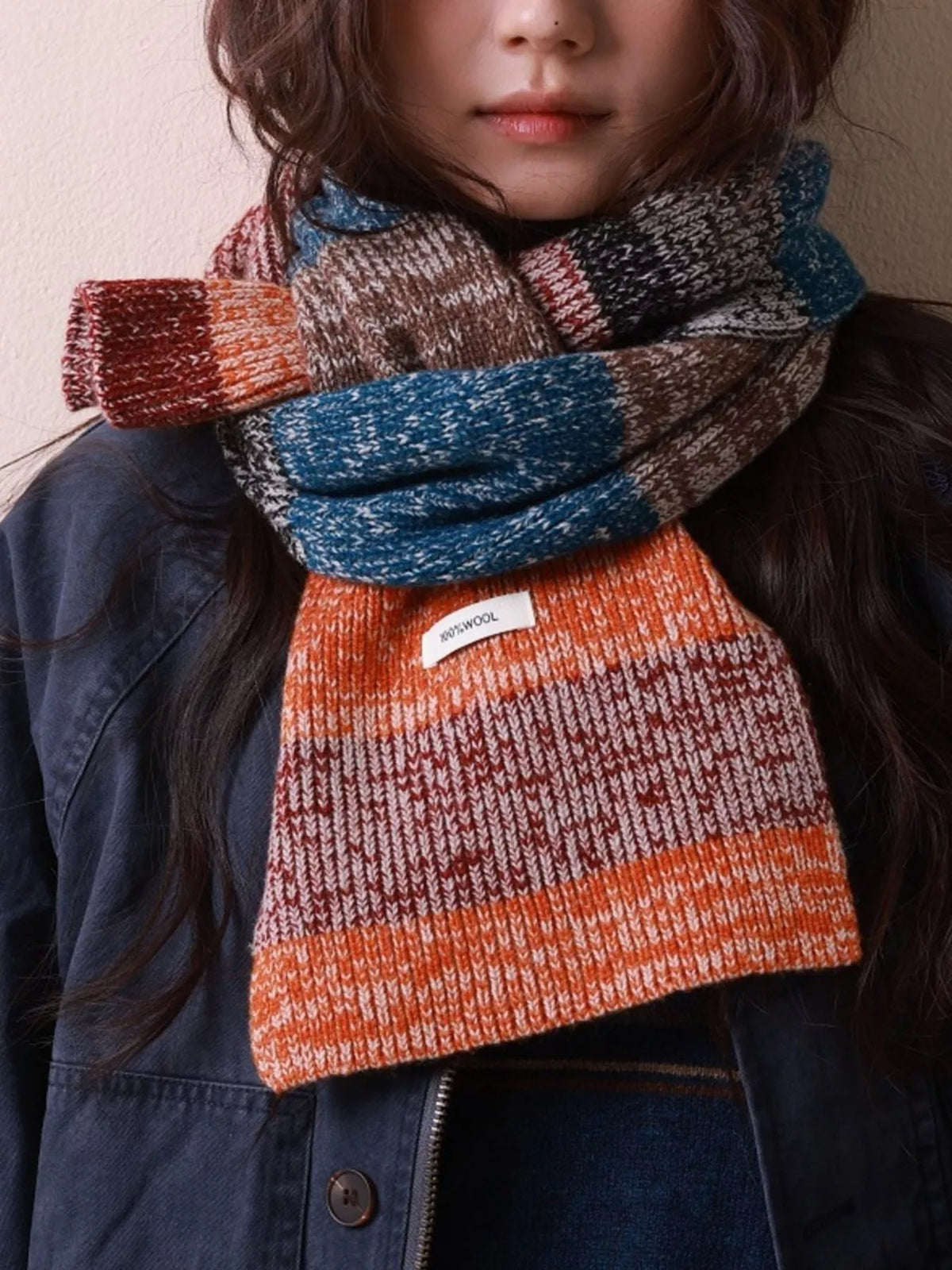 Unisex 100% Wool Color Block Knitted Scarf — multicolor scarf wrapped once at the neckline