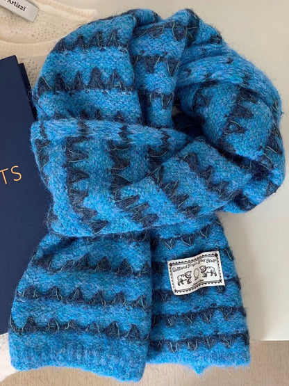 Unisex Vintage Knitted Pattern Scarf — bright blue scarf with contrasting dark motif bands