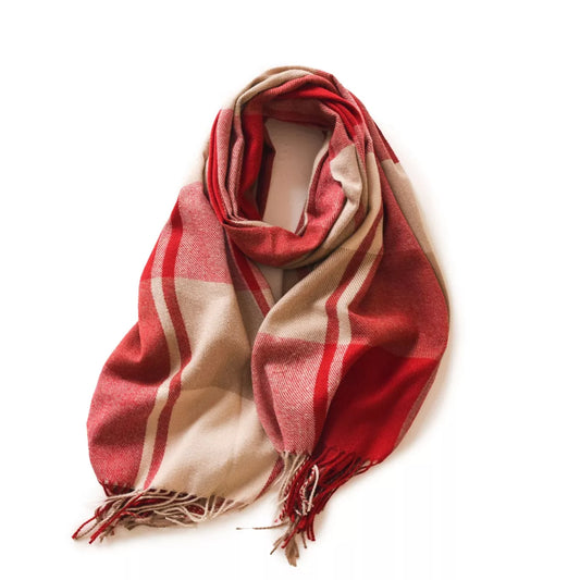 Unisex Cozy Plaid Fringe Scarf in Red - front view 1