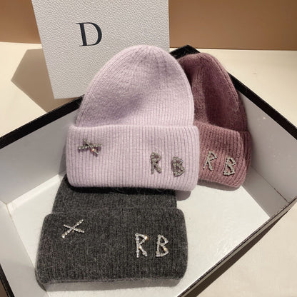 Women's Rhinestone Embellished RB Letter Knit Winter Beanie — purple pink and gray RB beanies stacked together