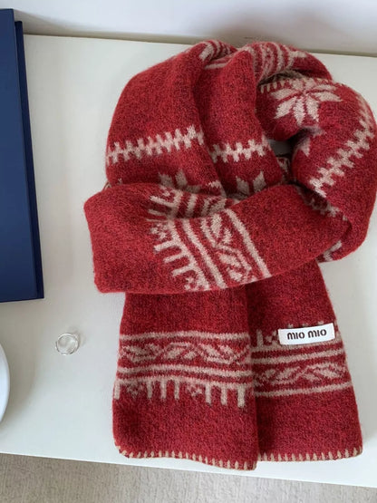 Unisex Vintage Pattern Knitted Scarf — rust scarf showing pale patterned bands