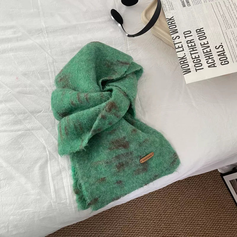 Unisex Fuzzy Contrast Knit Scarf — green fuzzy scarf loosely knotted on a pale surface