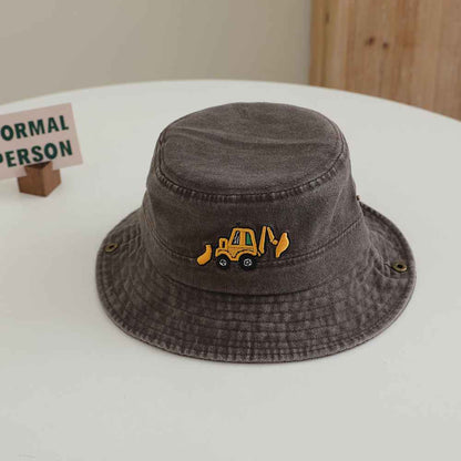 Kids Brown Excavator Embroidered Washed Bucket hat curved brim detail